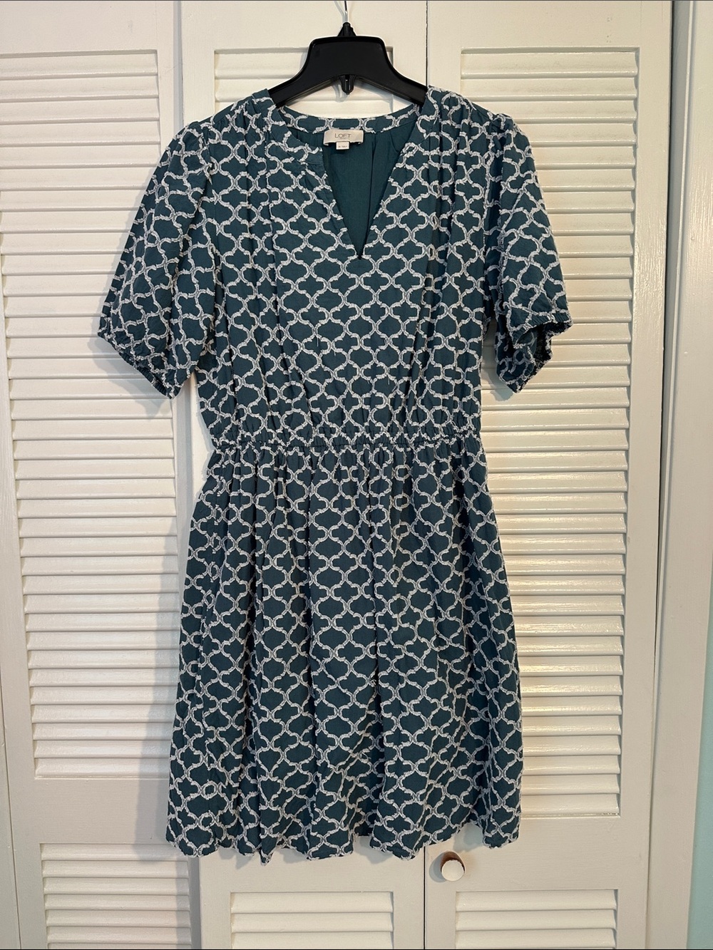 LOFT Teal Lattice-Print Short Sleeve Fit-and-Flare Dress